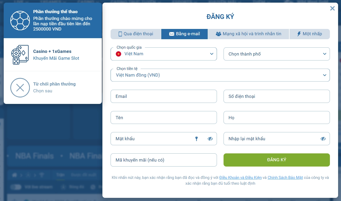 Đăng nhập và Đăng ký trên 1xbet
